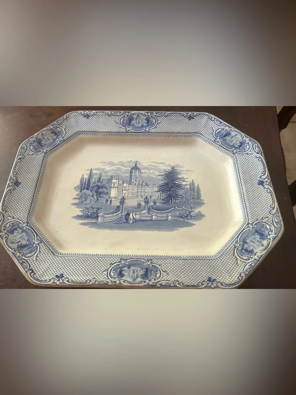 Blue Transferware Serving Platter 15x11.5 University JR  &Co Antique Ironstone